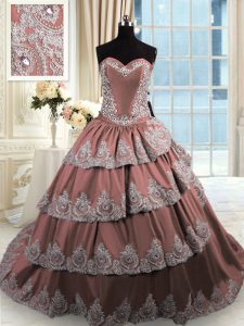 Extravagant Sleeveless Taffeta With Train Court Train Lace Up Quinceanera Gowns in Brown with Beading and Appliques and Ruffled Layers