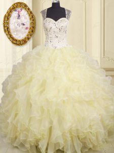 Straps Sleeveless Sweet 16 Dress Floor Length Beading and Ruffles Light Yellow Organza
