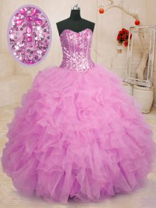 Glorious Lilac Ball Gowns Beading and Ruffles Quinceanera Dresses Lace Up Organza Sleeveless Floor Length