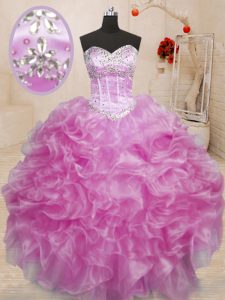 Lilac Ball Gowns Beading and Ruffles Quinceanera Gowns Lace Up Organza Sleeveless Floor Length