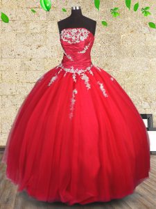 Sleeveless Tulle Floor Length Lace Up Ball Gown Prom Dress in Red with Appliques and Ruching