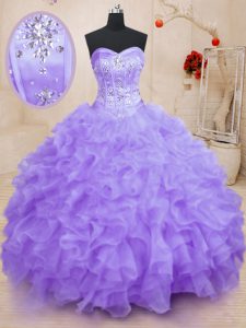Inexpensive Floor Length Lavender Sweet 16 Dress Organza Sleeveless Beading and Ruffles