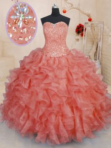Sweetheart Sleeveless Sweet 16 Dresses Floor Length Beading and Ruffles Watermelon Red Organza