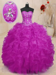 Custom Fit Fuchsia Ball Gowns Sweetheart Sleeveless Organza Floor Length Lace Up Beading and Ruffles Sweet 16 Dresses