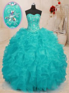 Latest Sweetheart Sleeveless Lace Up Quinceanera Gowns Aqua Blue Organza