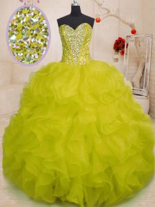 Sleeveless Organza Floor Length Lace Up Quince Ball Gowns in Yellow Green with Beading and Ruffles
