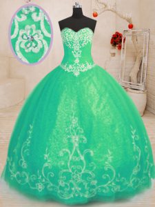 Beading and Embroidery Vestidos de Quinceanera Turquoise Lace Up Sleeveless Floor Length