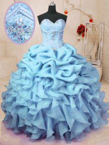 Sumptuous Baby Blue Organza Lace Up Sweetheart Sleeveless Floor Length Quinceanera Gown Beading and Ruffles and Pick Ups