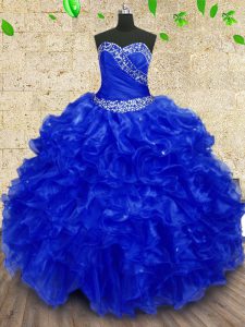 Adorable Royal Blue Sleeveless Organza Lace Up 15th Birthday Dress for Military Ball and Sweet 16 and Quinceanera