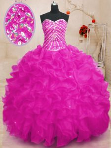 Cute Organza Sweetheart Sleeveless Lace Up Beading and Ruffles and Sequins Sweet 16 Dress in Fuchsia