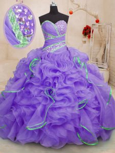 Sexy Organza Sweetheart Sleeveless Brush Train Lace Up Beading and Ruffles 15th Birthday Dress in Lavender