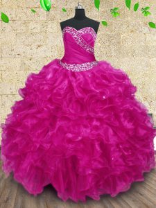 Fuchsia Lace Up Quinceanera Gown Beading and Ruffles and Ruching Sleeveless Floor Length
