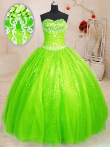 Ball Gowns Sweetheart Sleeveless Tulle and Sequined Floor Length Lace Up Beading Sweet 16 Quinceanera Dress