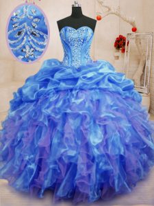 Dramatic Blue Sleeveless Organza Lace Up Quinceanera Gown for Military Ball and Sweet 16 and Quinceanera