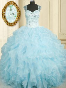 Hot Sale Beading and Ruffles Quince Ball Gowns Baby Blue Lace Up Sleeveless Floor Length