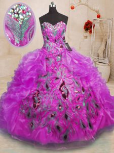 Purple Organza Zipper Sweetheart Sleeveless Floor Length Quinceanera Gowns Beading and Appliques and Ruffles