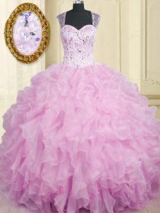Designer Straps Sleeveless Sweet 16 Quinceanera Dress Floor Length Beading and Ruffles Lilac Organza