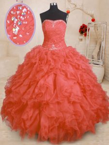 Orange Red Strapless Lace Up Beading and Ruffles and Ruching Vestidos de Quinceanera Sleeveless