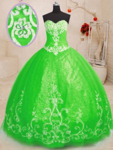 Sleeveless Tulle Floor Length Lace Up Vestidos de Quinceanera in with Beading and Appliques