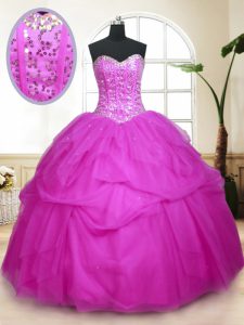 Fuchsia Tulle Lace Up Quinceanera Gown Sleeveless Floor Length Sequins and Pick Ups