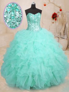 Hot Sale Sleeveless Organza Floor Length Lace Up Sweet 16 Quinceanera Dress in Apple Green with Beading and Ruffles