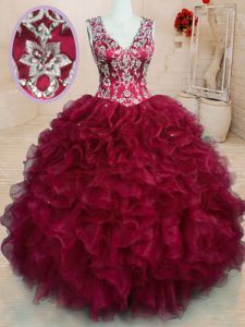 Sleeveless Organza Floor Length Zipper Vestidos de Quinceanera in Wine Red with Beading and Embroidery and Ruffles