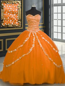 Nice Sweetheart Sleeveless Tulle Sweet 16 Dress Beading and Appliques Brush Train Lace Up