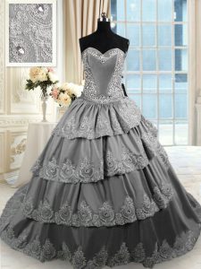 Classical Taffeta Sweetheart Sleeveless Court Train Lace Up Beading and Appliques and Ruffled Layers 15 Quinceanera Dress in Grey