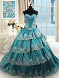 Ruffled Ball Gowns Sweet 16 Dresses Teal Sweetheart Taffeta Sleeveless With Train Lace Up