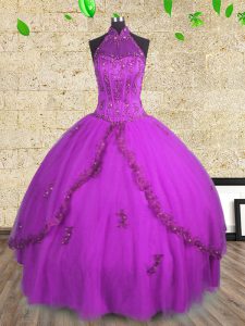 Chic Purple Halter Top Lace Up Beading Quinceanera Gown Sleeveless