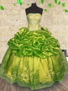 Glamorous Olive Green Strapless Neckline Beading and Embroidery Quince Ball Gowns Sleeveless Lace Up
