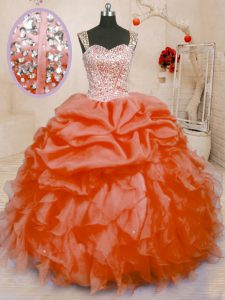 Artistic Floor Length Orange Red Ball Gown Prom Dress Organza Sleeveless Beading and Ruffles and Pick Ups
