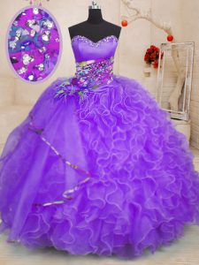 Luxurious Lavender 15th Birthday Dress Military Ball and Sweet 16 and Quinceanera with Beading and Ruffles Sweetheart Sleeveless Lace Up