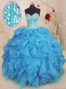 Exceptional Sleeveless Floor Length Beading and Ruffles Lace Up Ball Gown Prom Dress with Baby Blue