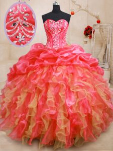 Fine Organza Sweetheart Sleeveless Lace Up Beading and Ruffles Sweet 16 Quinceanera Dress in Red