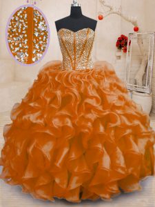 Romantic Orange Sleeveless Beading and Ruffles Floor Length Sweet 16 Dress