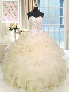 Inexpensive Beading and Ruffles Sweet 16 Quinceanera Dress Champagne Lace Up Sleeveless Floor Length