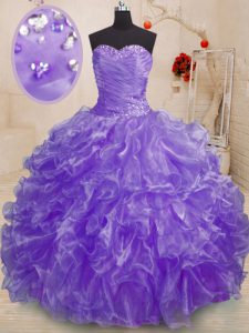 Sweetheart Sleeveless Sweet 16 Quinceanera Dress Floor Length Beading and Ruffles Lavender Organza