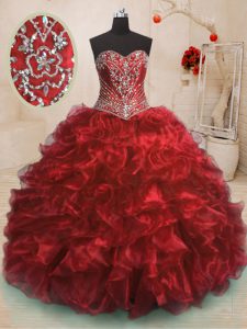 Graceful Sweetheart Sleeveless Organza 15 Quinceanera Dress Beading and Ruffles Sweep Train Lace Up