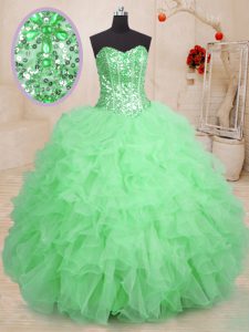 Green Ball Gowns Sweetheart Sleeveless Organza Floor Length Lace Up Beading and Ruffles Quinceanera Gown
