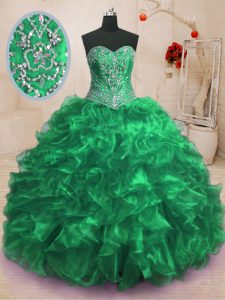Sweep Train Ball Gowns Sweet 16 Dresses Green Sweetheart Organza Sleeveless With Train Lace Up