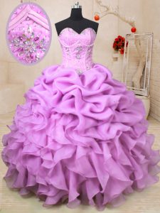 Classical Lilac Organza Lace Up Sweetheart Sleeveless Floor Length Quince Ball Gowns Beading and Ruffles and Pick Ups