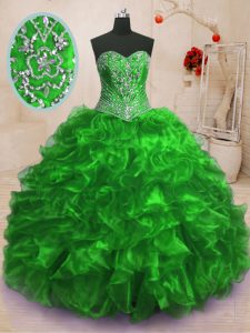 Custom Design Ball Gowns Organza Sweetheart Sleeveless Beading and Ruffles With Train Lace Up Quinceanera Dresses Sweep Train