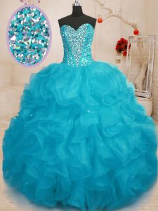 Low Price Aqua Blue Ball Gowns Organza Sweetheart Sleeveless Beading Floor Length Lace Up 15 Quinceanera Dress