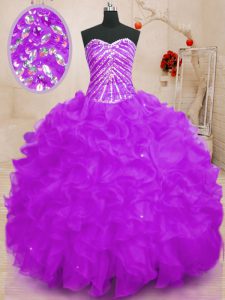 Purple Sweetheart Neckline Beading and Ruffles and Sequins Quince Ball Gowns Sleeveless Lace Up