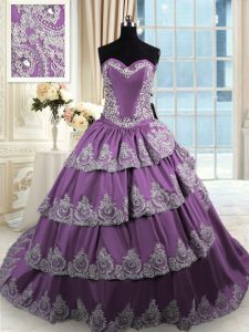Sleeveless Lace Up With Train Beading and Appliques and Ruffled Layers Vestidos de Quinceanera
