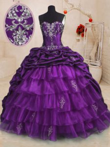 Pretty Purple Ball Gowns Organza and Taffeta Sweetheart Sleeveless Beading and Appliques and Ruffled Layers and Pick Ups With Train Lace Up Quince Ball Gowns Sweep Train