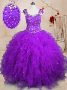 Luxury Purple Lace Up Square Beading and Ruffles Quince Ball Gowns Tulle Cap Sleeves
