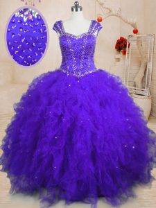 Wonderful Square Cap Sleeves Tulle Quinceanera Gowns Beading and Ruffles and Sequins Lace Up