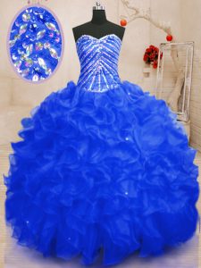 Designer Royal Blue Ball Gowns Organza Sweetheart Sleeveless Beading and Ruffles and Sequins Floor Length Lace Up Quinceanera Dress